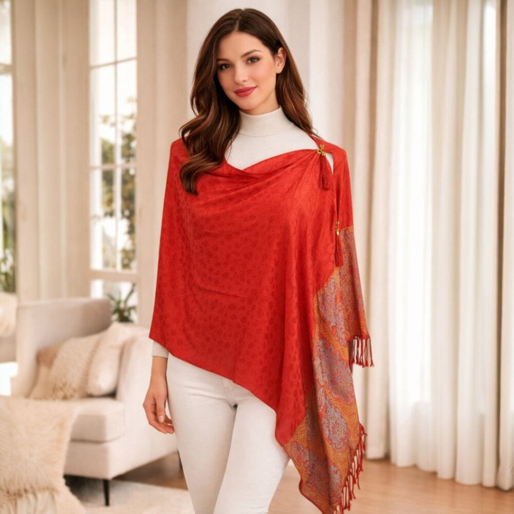 Red 70% silk 30% Pashmina Poncho Tassel Accents Scarf